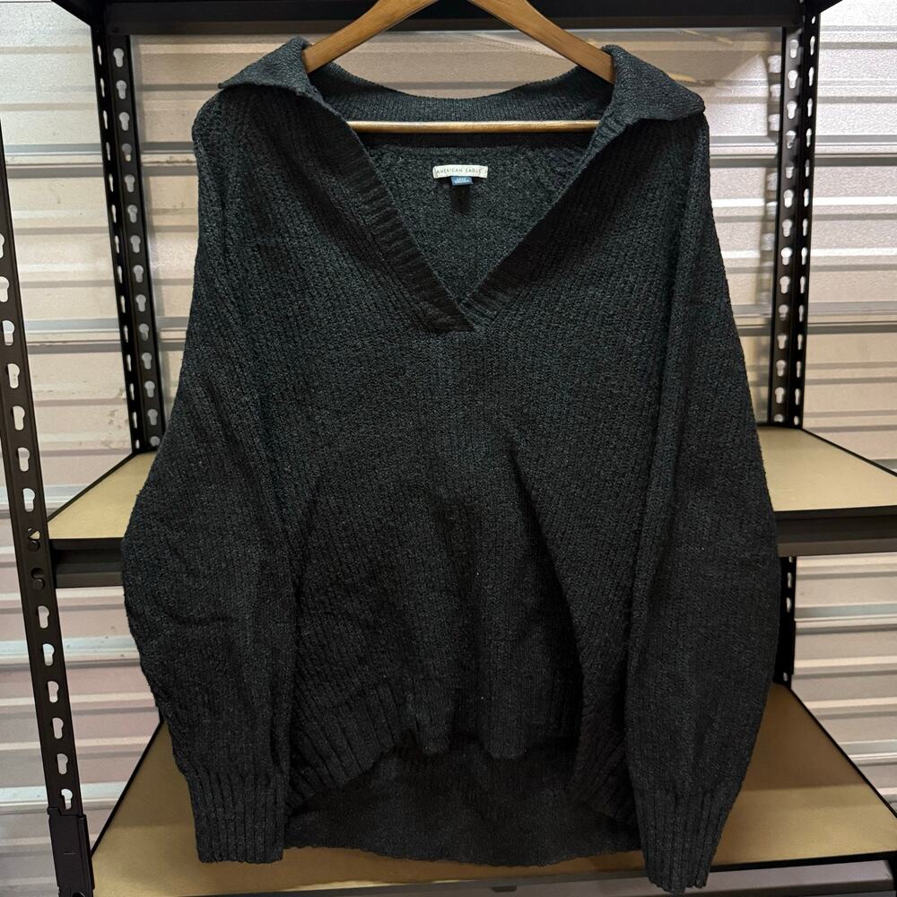 American Eagle Black Ribbed Collared Sweater Women's Size S
